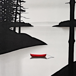 Taking Turns, original mixed media quiet lake landscape painting with a red canoe by Canadian artist Natasha Miller at Effusion Art Gallery in Invermere, BC.