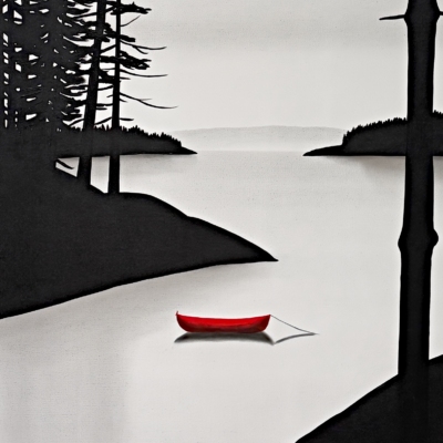 Taking Turns, original mixed media quiet lake landscape painting with a red canoe by Canadian artist Natasha Miller at Effusion Art Gallery in Invermere, BC.