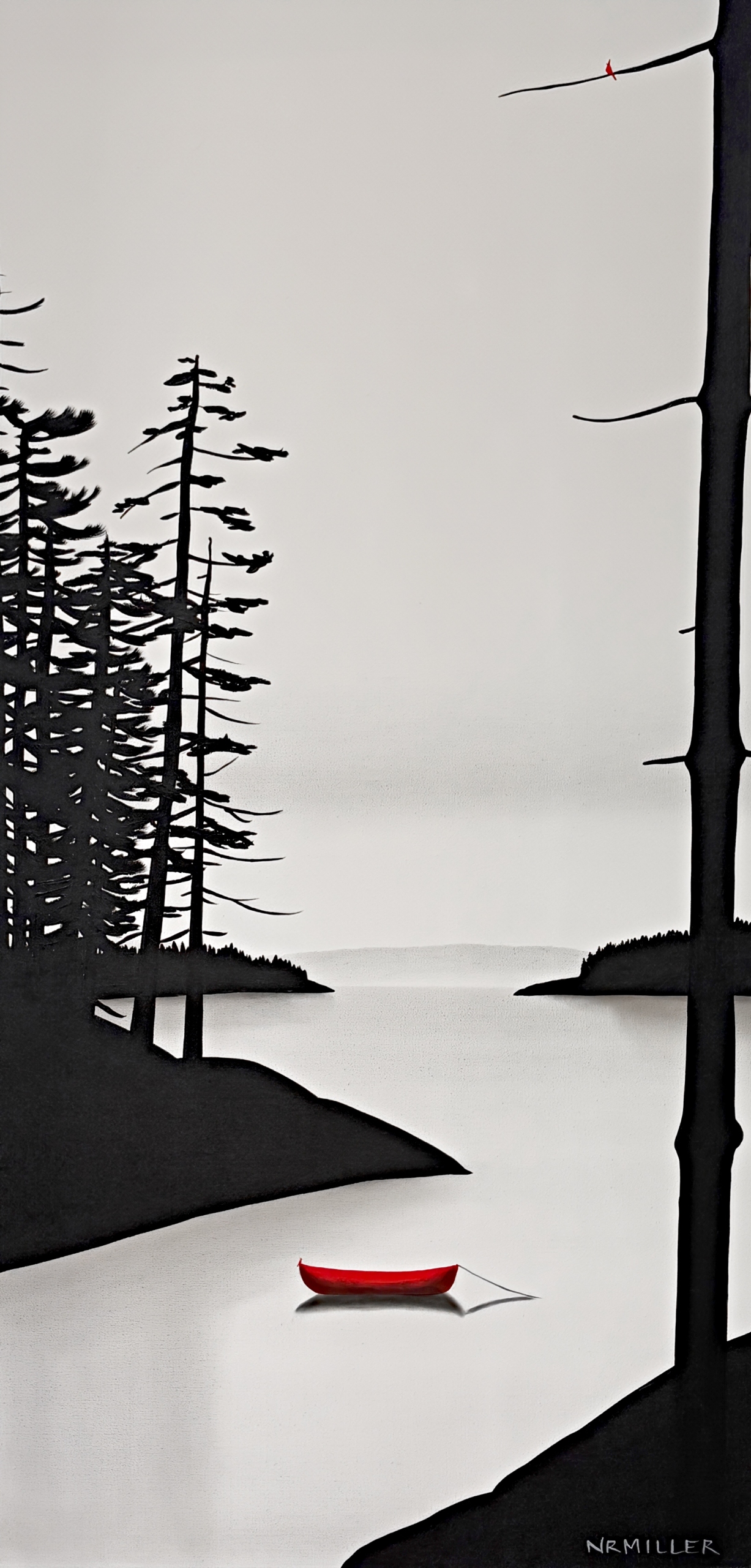 Taking Turns, original mixed media quiet lake landscape painting with a red canoe by Canadian artist Natasha Miller at Effusion Art Gallery in Invermere, BC.