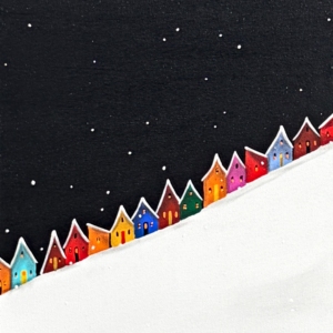 The Start of the Storm, original mixed media landscape tiny ski chalets under a snowy night sky by Canadian artist Natasha Miller at Effusion Art Gallery in Invermere, BC.