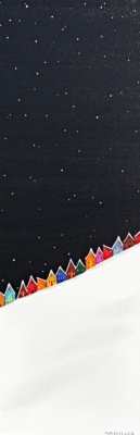 The Start of the Storm, original mixed media landscape tiny ski chalets under a snowy night sky by Canadian artist Natasha Miller at Effusion Art Gallery in Invermere, BC.