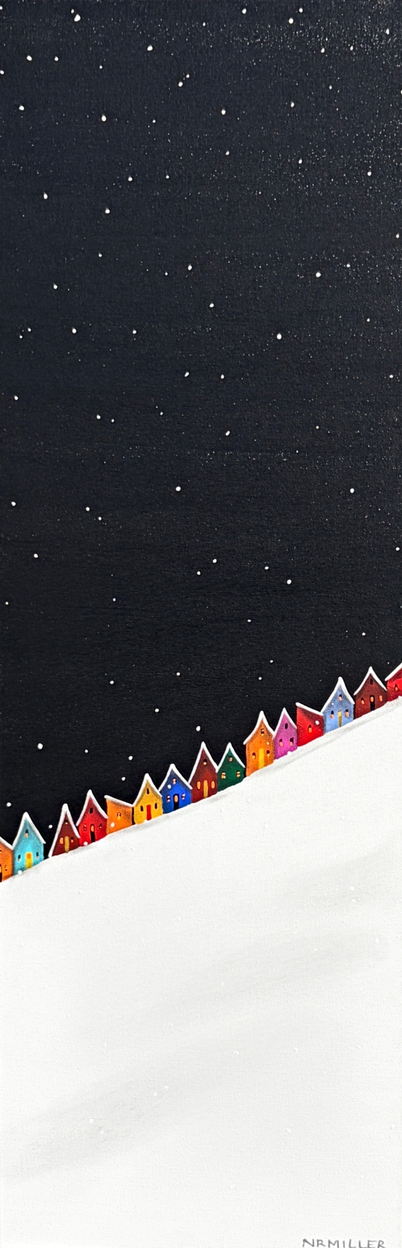 The Start of the Storm, original mixed media landscape tiny ski chalets under a snowy night sky by Canadian artist Natasha Miller at Effusion Art Gallery in Invermere, BC.