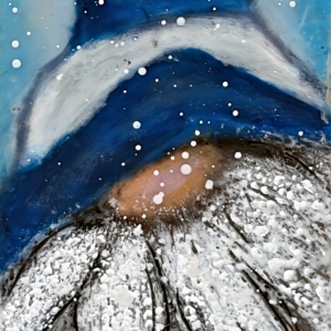 Whimsical encaustic painting of a white bearded gnome with a tall blue and white striped hat.