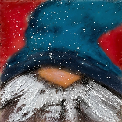 Santa Gnome 18, original encaustic gnome painting by Canadian artist Cindy Obuck at Effusion Art Gallery in Invermere, BC.