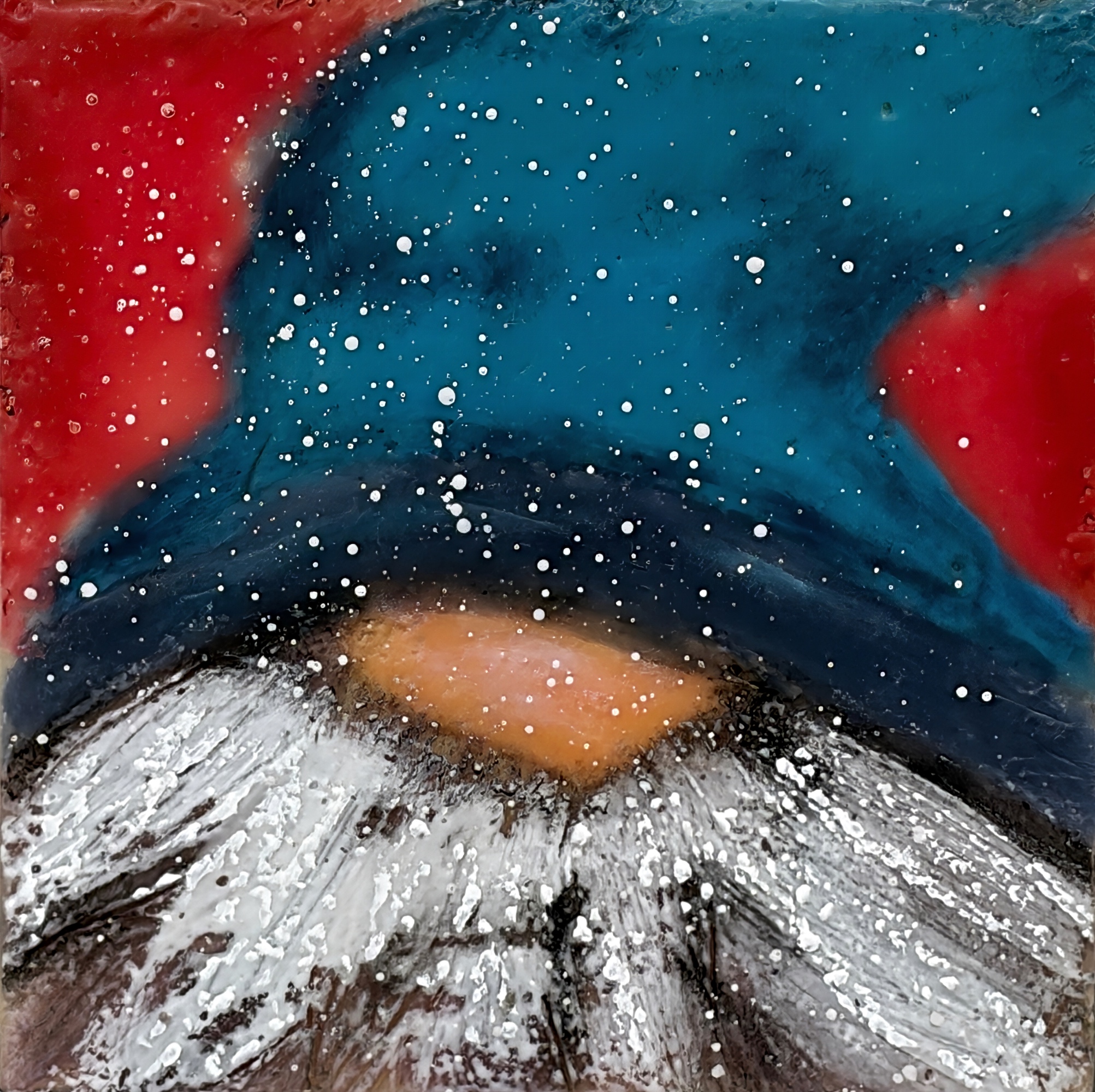 Santa Gnome 18, original encaustic gnome painting by Canadian artist Cindy Obuck at Effusion Art Gallery in Invermere, BC.