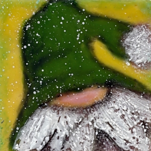 Whimsical encaustic painting of a white-beared gnome with a dark green hat and a light green background by Canadian artist Cindy Obuck.