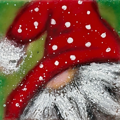 Santa Gnome 20, original encaustic gnome painting by Canadian artist Cindy Obuck at Effusion Art Gallery in Invermere, BC.