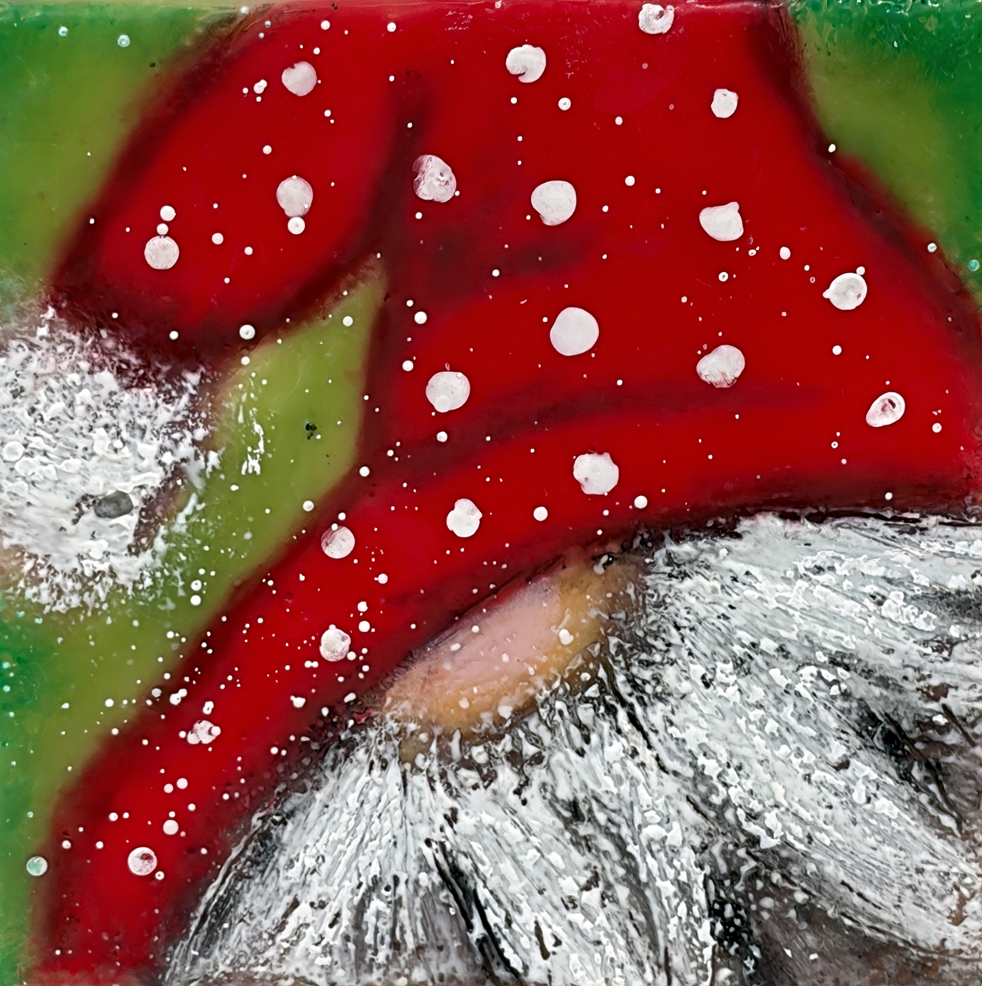 Santa Gnome 20, original encaustic gnome painting by Canadian artist Cindy Obuck at Effusion Art Gallery in Invermere, BC.
