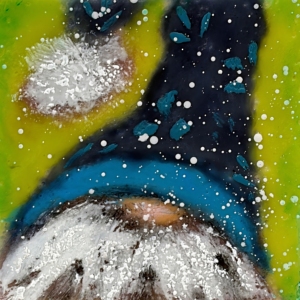 Whimsical encaustic painting of a white-beared gnome with a blue hat and a green background by Canadian artist Cindy Obuck.