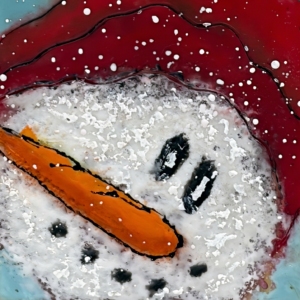 Whimsical encaustic painting of a snowman in a red hat with a gold star by Canadian artist Cindy Obuck.