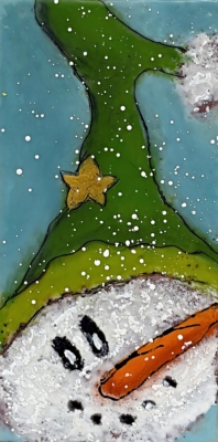 Snow Elf 2, original encaustic snowman painting by Canadian artist Cindy Obuck at Effusion Art Gallery in Invermere, BC.
