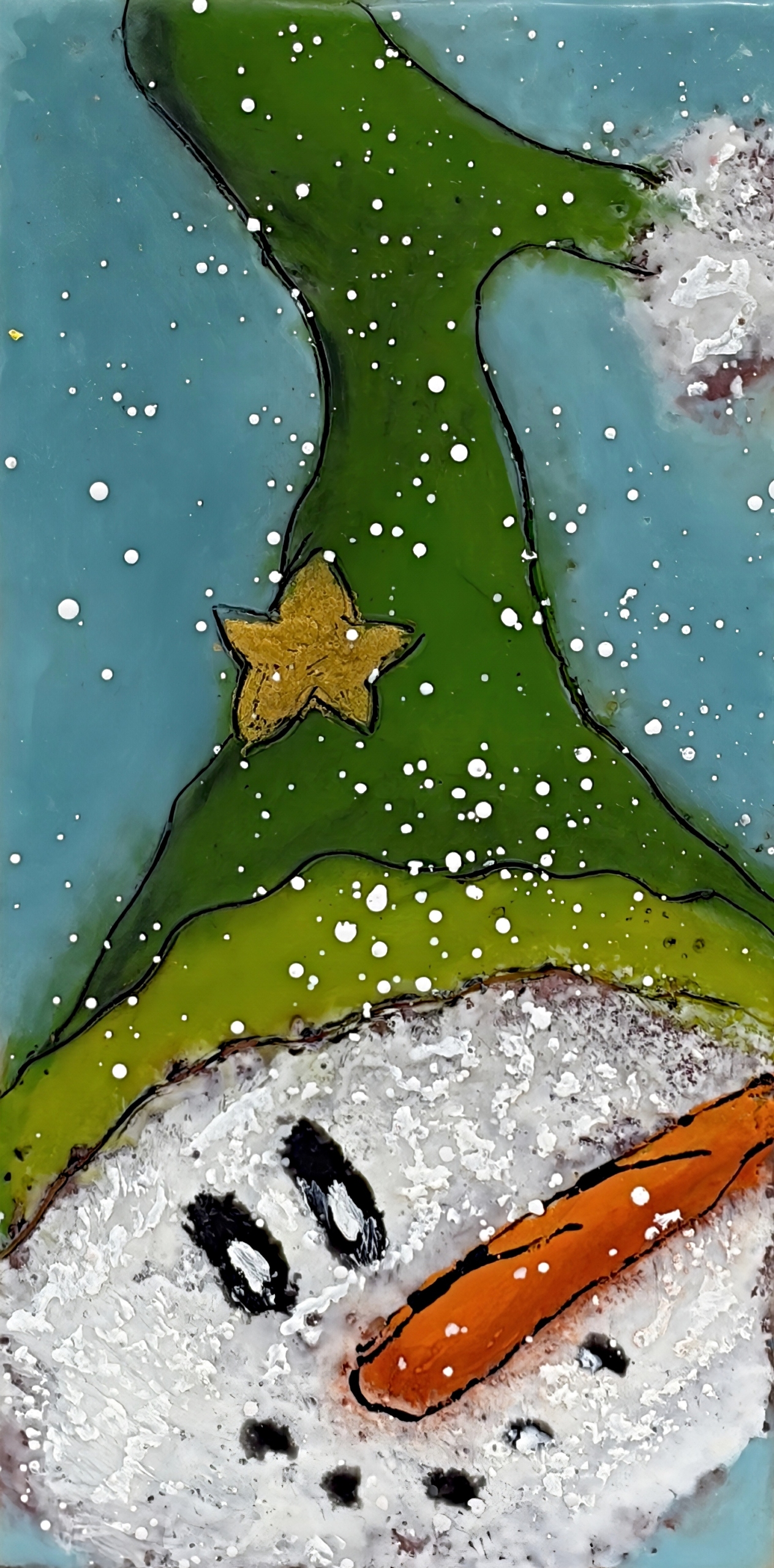 Snow Elf 2, original encaustic snowman painting by Canadian artist Cindy Obuck at Effusion Art Gallery in Invermere, BC.
