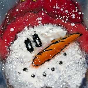 Whimsical encaustic painting of a snowman in a red hat with a gold star by Canadian artist Cindy Obuck.