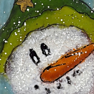 Whimsical encaustic painting of a snowman in a green hat with two gold stars by Canadian artist Cindy Obuck.