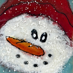 Whimsical encaustic painting of a snowman in a red hat with a gold star by Canadian artist Cindy Obuck.