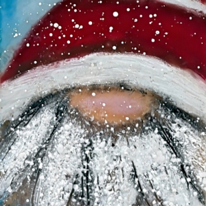 Whimsical encaustic painting of a white bearded gnome with a tall red and white striped hat.