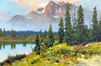 Mount Aries Morn, original oil landscape painting of the Icefield Parkway by Canadian artist Graeme Shaw at Effusion Art Gallery in Invermere, BC.