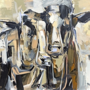 Collusion, original acrylic cow painting by Canadian artist Laura Stevens at Effusion Art Gallery in Invermere, BC.