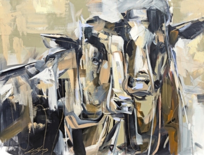 Collusion, original acrylic cow painting by Canadian artist Laura Stevens at Effusion Art Gallery in Invermere, BC.
