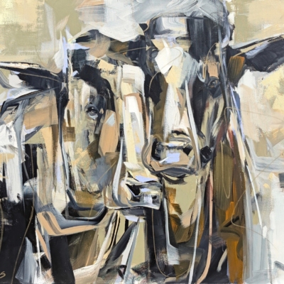 Collusion, original acrylic cow painting by Canadian artist Laura Stevens at Effusion Art Gallery in Invermere, BC.