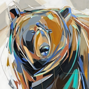 Jazz Hands, original acrylic bear painting by Canadian artist Laura Stevens at Effusion Art Gallery in Invermere, BC.