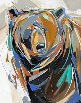 Jazz Hands, original acrylic bear painting by Canadian artist Laura Stevens at Effusion Art Gallery in Invermere, BC.