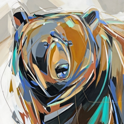 Jazz Hands, original acrylic bear painting by Canadian artist Laura Stevens at Effusion Art Gallery in Invermere, BC.