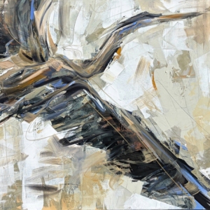Rustproofing, original acrylic flying heron painting by Canadian artist Laura Stevens at Effusion Art Gallery in Invermere, BC.