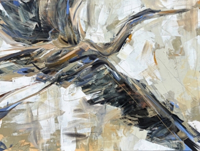 Rustproofing, original acrylic flying heron painting by Canadian artist Laura Stevens at Effusion Art Gallery in Invermere, BC.