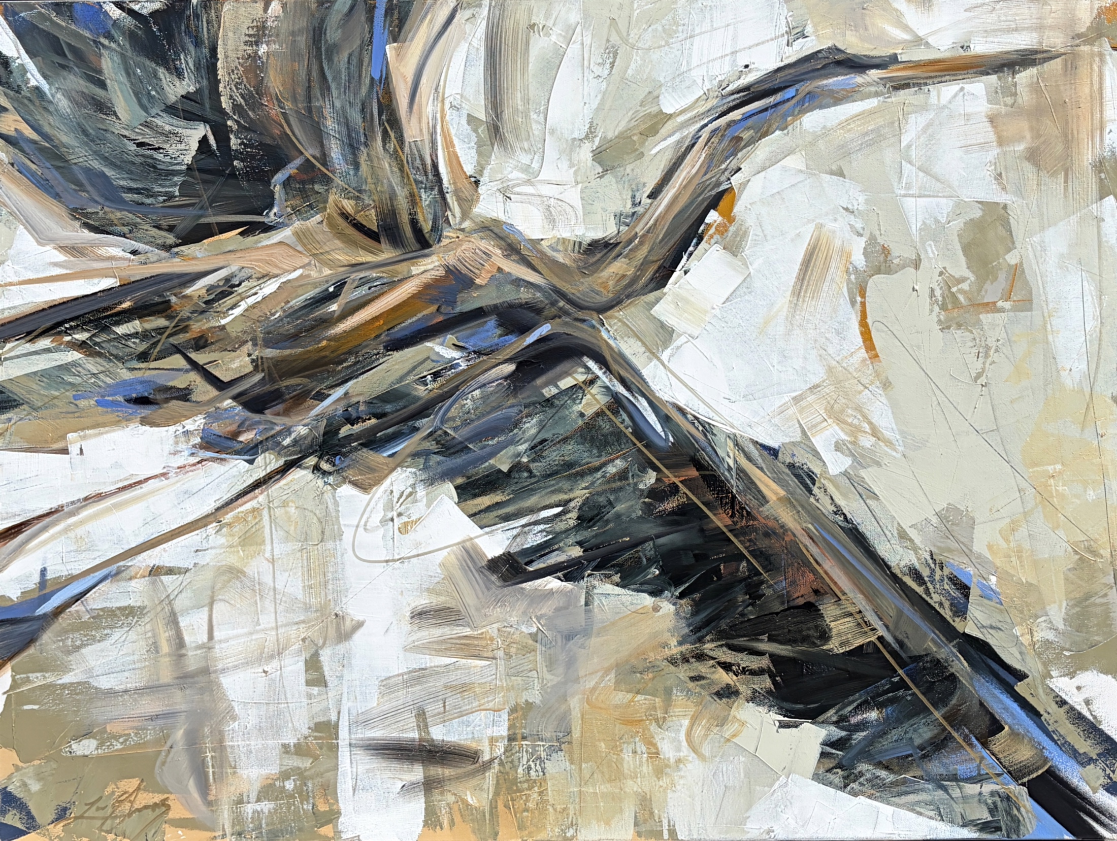 Rustproofing, original acrylic flying heron painting by Canadian artist Laura Stevens at Effusion Art Gallery in Invermere, BC.
