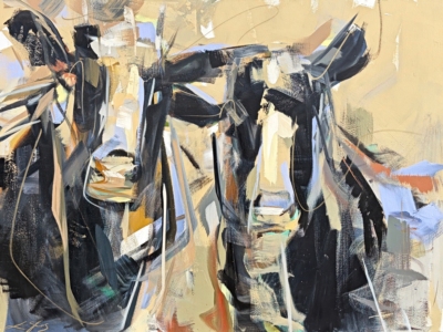 Swing Dance, original acrylic cow painting by Canadian artist Laura Stevens at Effusion Art Gallery in Invermere, BC.