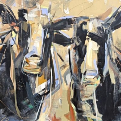 Swing Dance, original acrylic cow painting by Canadian artist Laura Stevens at Effusion Art Gallery in Invermere, BC.
