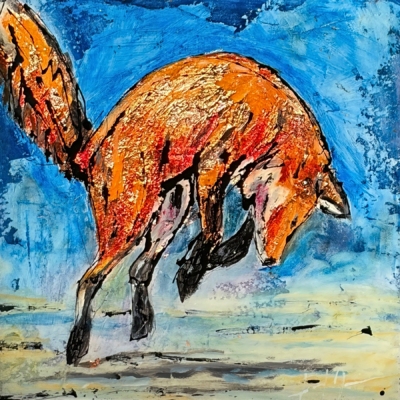 Fun and Games, original mixed media leaping fox painting by Canadian artist David Zimmerman at Effusion Art Gallery in Invermere, BC.