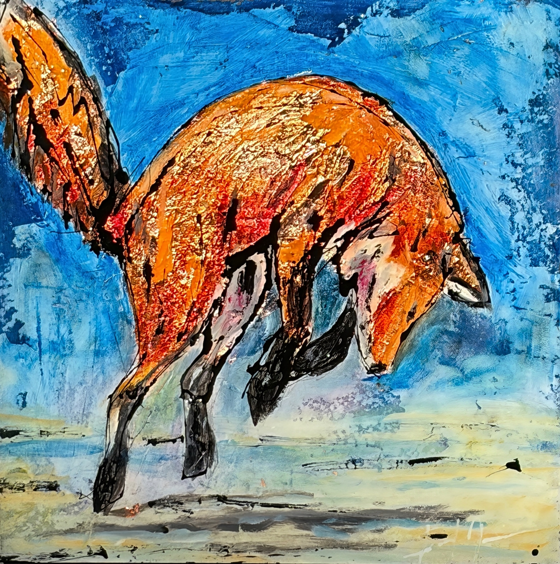 Fun and Games, original mixed media leaping fox painting by Canadian artist David Zimmerman at Effusion Art Gallery in Invermere, BC.