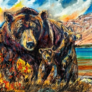 Stroll by Bow Lake is an original mixed media painting by Canadian artist David Zimmerman. It features a grizzly bear sow and her two playful cubs walking along the turquoise waters and mountains of Bow Lake in Banff National Park. It is 40"H x 70"W and available only at Effusion Art Gallery in Invermere, BC, Canada.