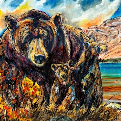 Stroll by Bow Lake, original mixed media painting of a mama grizzly bear and her two cubs at Bow Lake by Canadian artist David Zimmerman at Effusion Art Gallery in Invermere, BC.