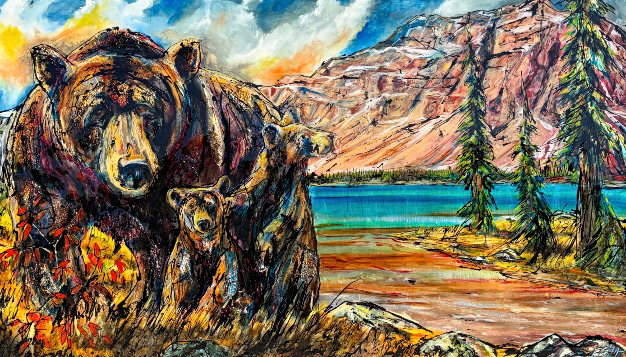 Stroll by Bow Lake, original mixed media painting of a mama grizzly bear and her two cubs at Bow Lake by Canadian artist David Zimmerman at Effusion Art Gallery in Invermere, BC.